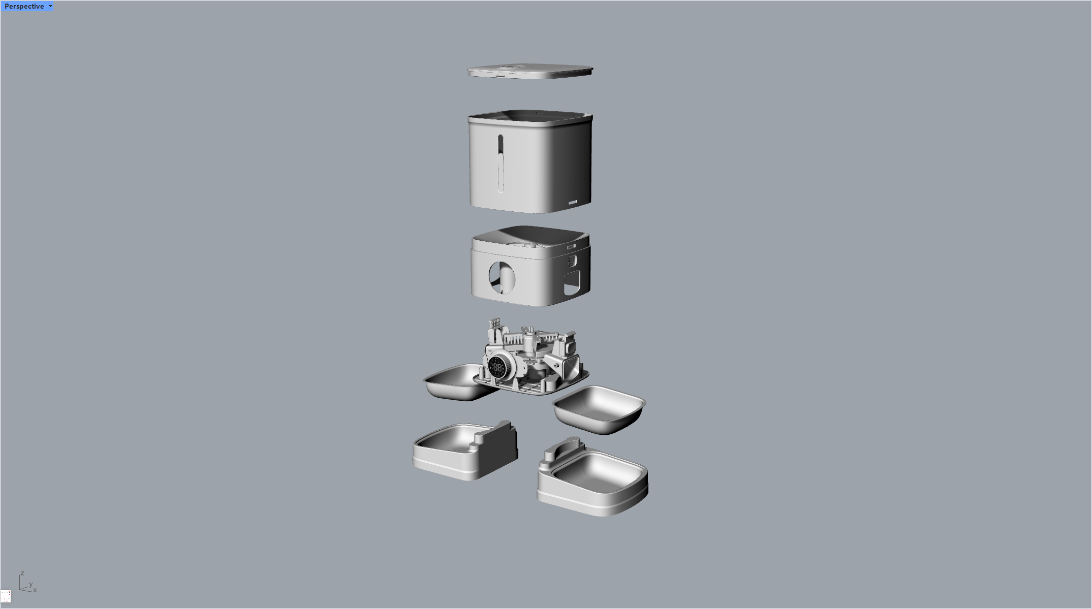 Exploded view of an automatic feeder CAD model