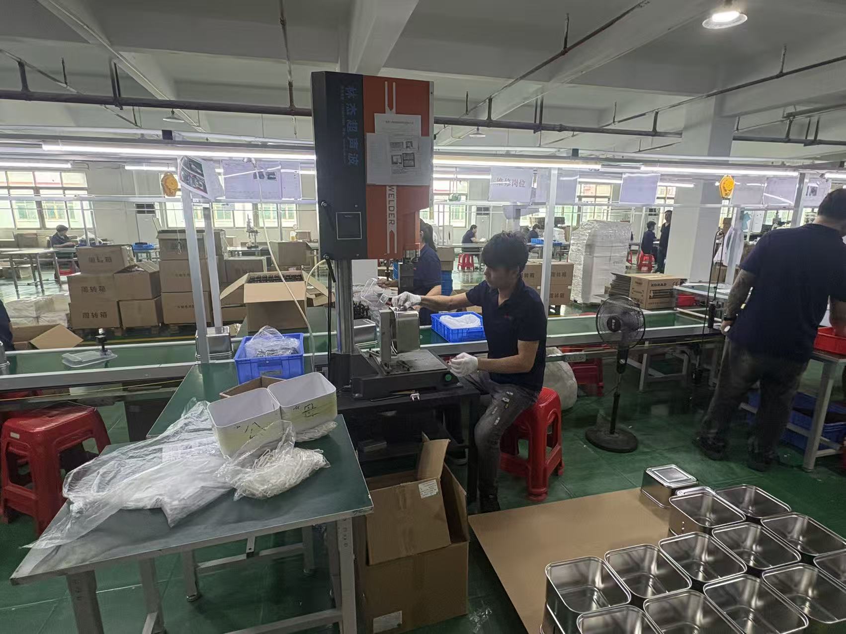 Components and units at assembly workstations.