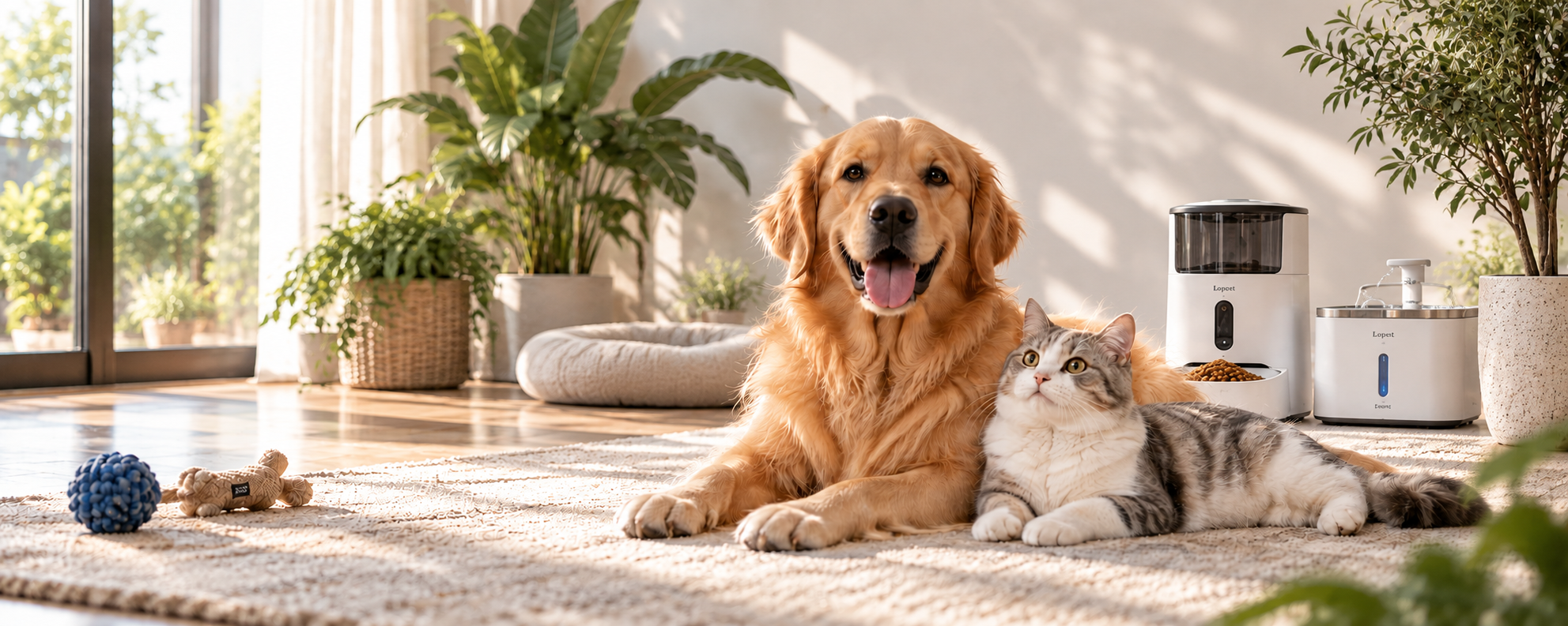 Dog and cat in a home setting with pet feeding products