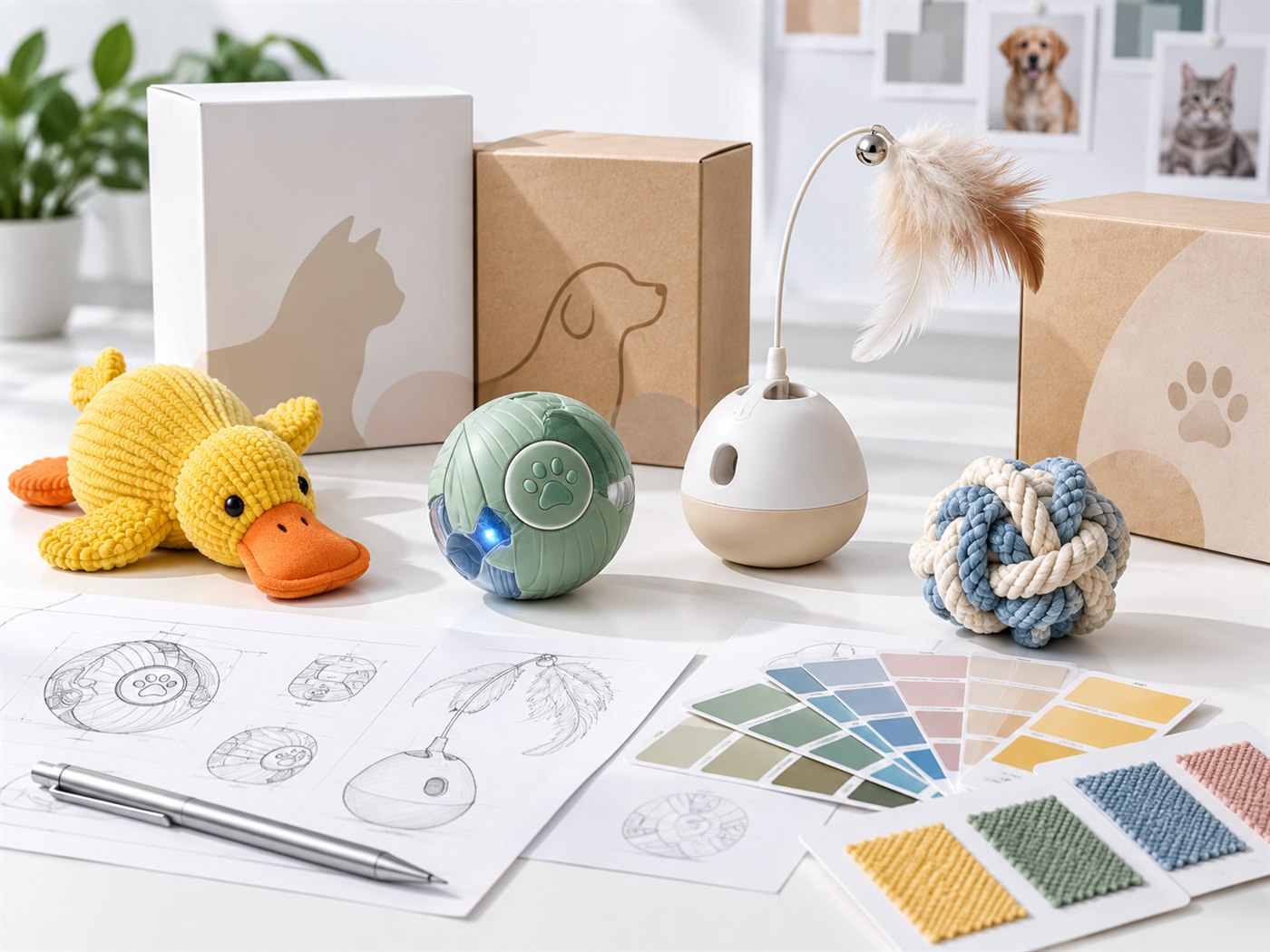 Smart pet toy products and packaging materials prepared for project review